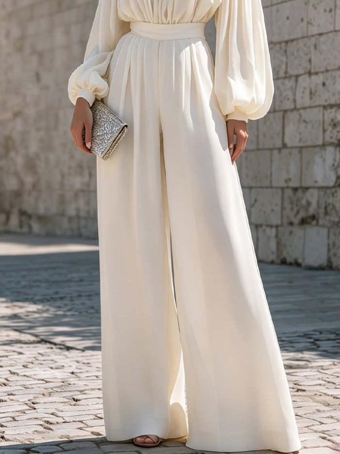 White Off-shoulder Puff Sleeve Chiffon Wide-leg Jumpsuit