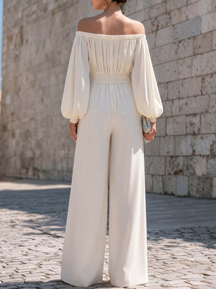 White Off-shoulder Puff Sleeve Chiffon Wide-leg Jumpsuit