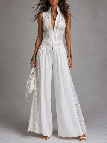 Vintage stand-collar wide-leg jumpsuit with lace paneling