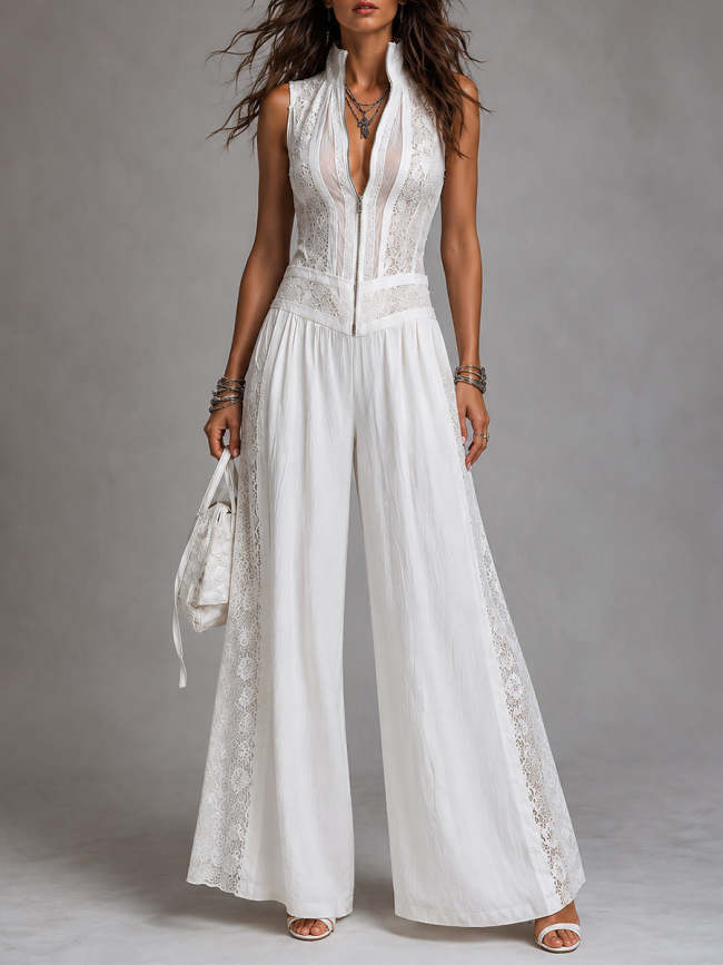Vintage stand-collar wide-leg jumpsuit with lace paneling