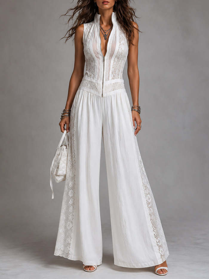 Vintage stand-collar wide-leg jumpsuit with lace paneling
