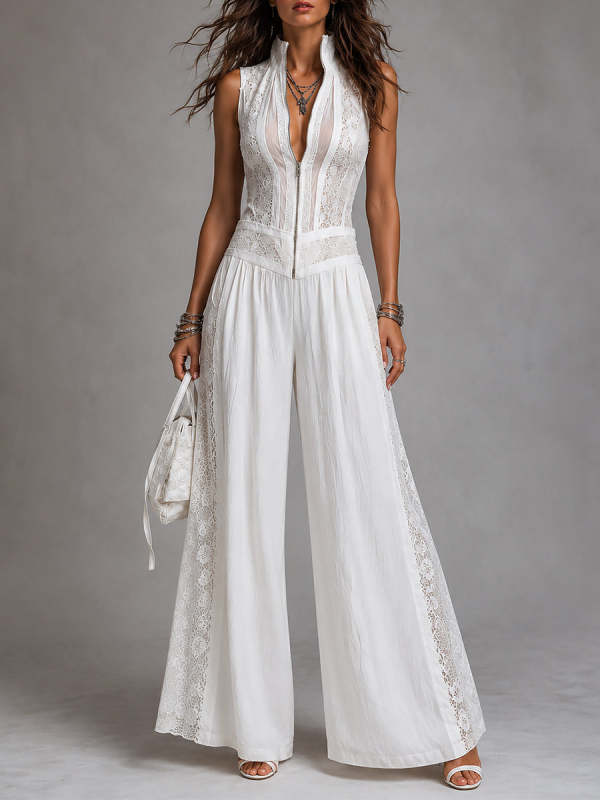Vintage stand-collar wide-leg jumpsuit with lace paneling