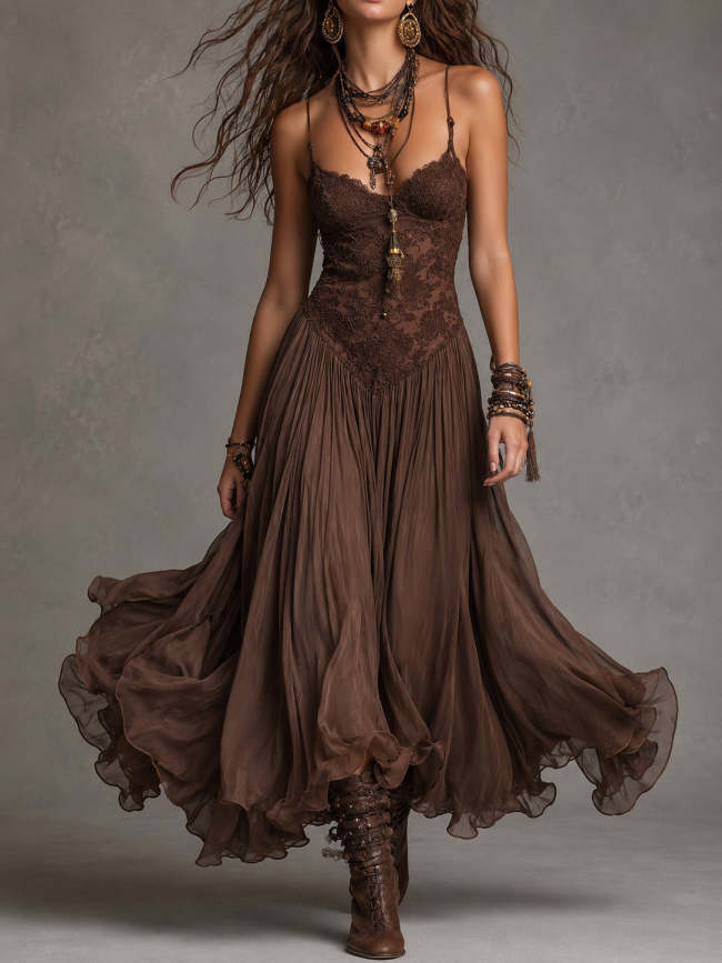 Dark Brown Lace-Paneled Chiffon Maxi Dress