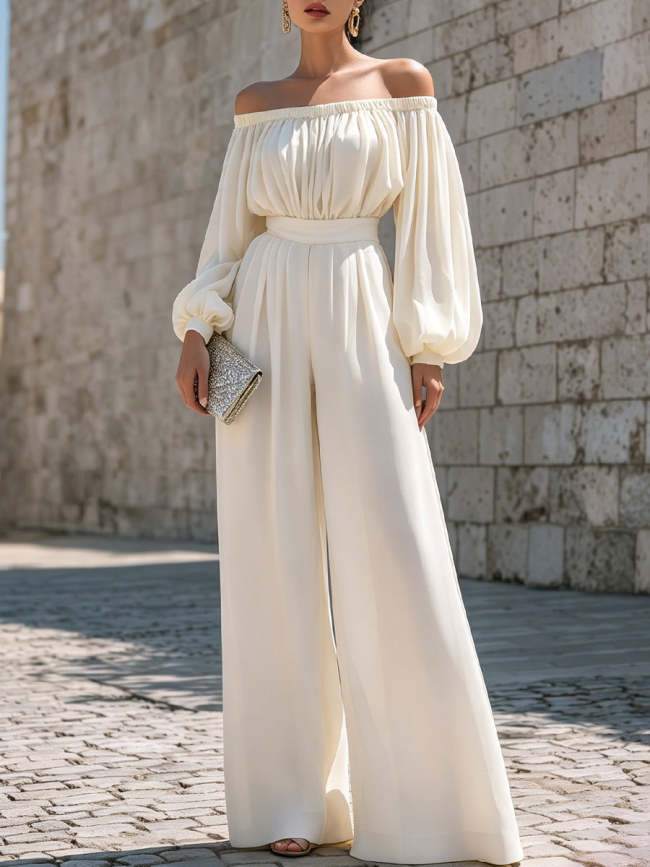 White Off-shoulder Puff Sleeve Chiffon Wide-leg Jumpsuit