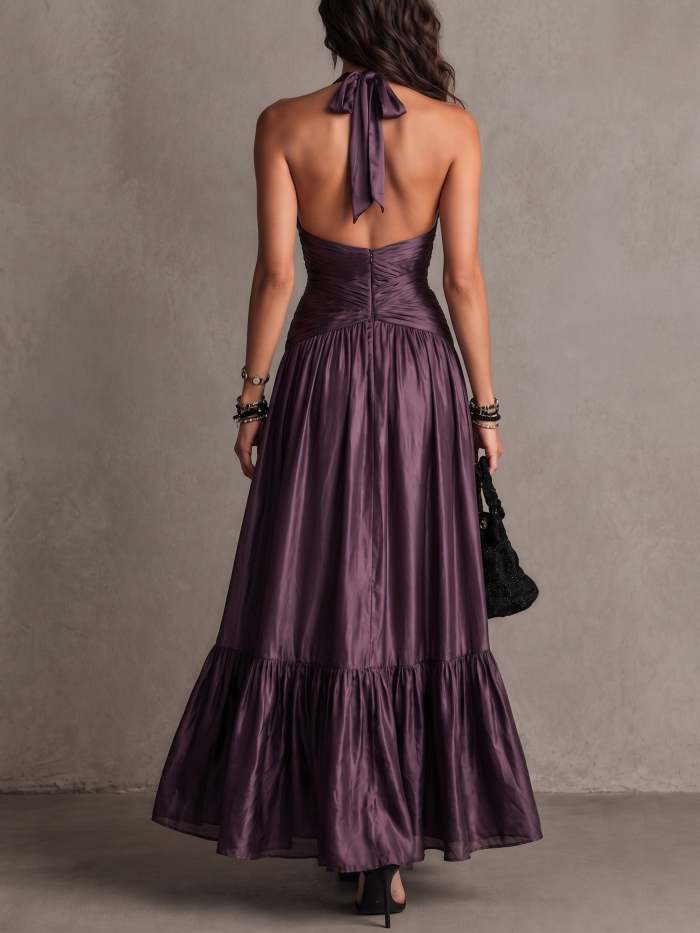 Elegant Purple Satin Halter Neck Pleated Maxi Dress