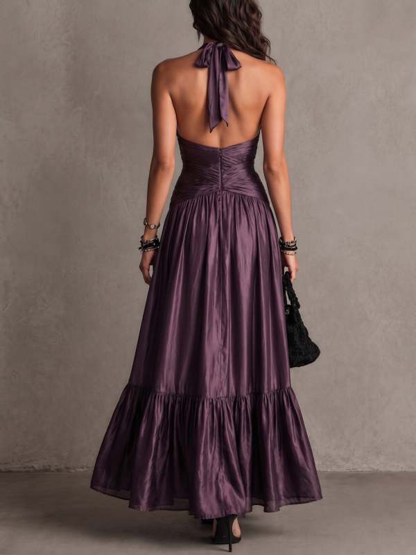 Elegant Purple Satin Halter Neck Pleated Maxi Dress