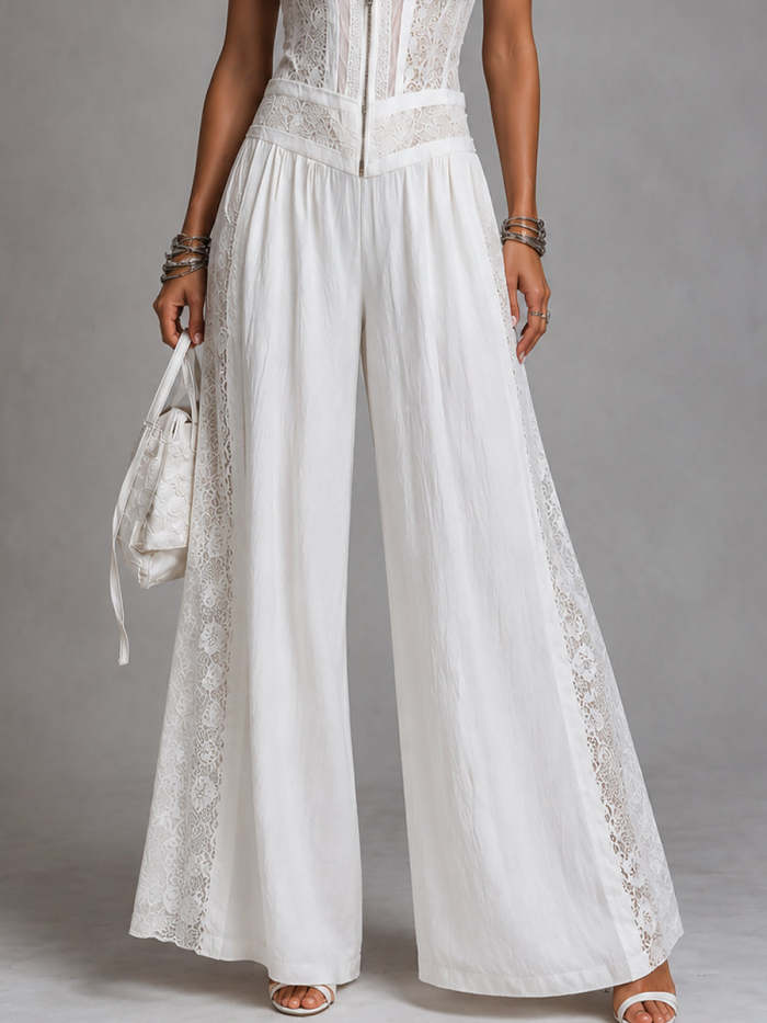 Vintage stand-collar wide-leg jumpsuit with lace paneling