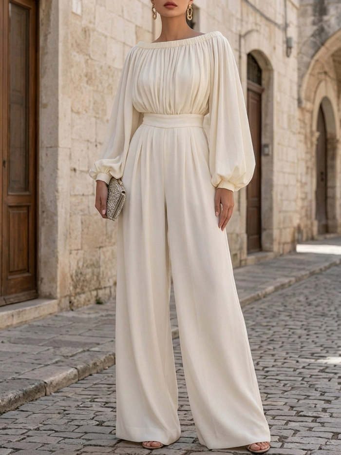 White Off-shoulder Puff Sleeve Chiffon Wide-leg Jumpsuit