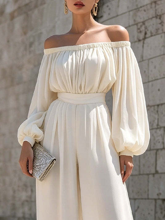White Off-shoulder Puff Sleeve Chiffon Wide-leg Jumpsuit