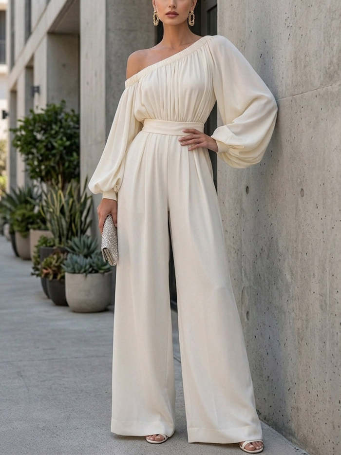 White Off-shoulder Puff Sleeve Chiffon Wide-leg Jumpsuit