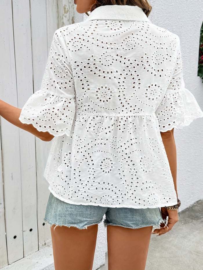 Women's White Short-Sleeve Shirt with Openwork Embroidery