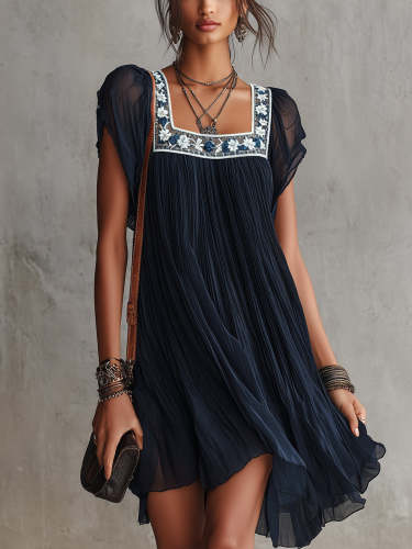 Navy Blue Floral Embroidered Pleated Chiffon Mini Dress