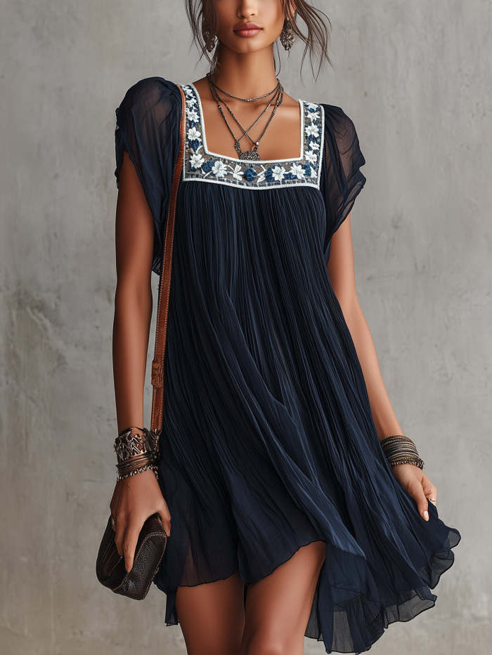 Navy Blue Floral Embroidered Pleated Chiffon Mini Dress