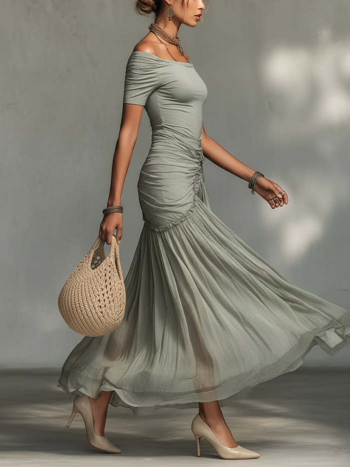Grey Stretch Fabric And Chiffon Maxi Dress