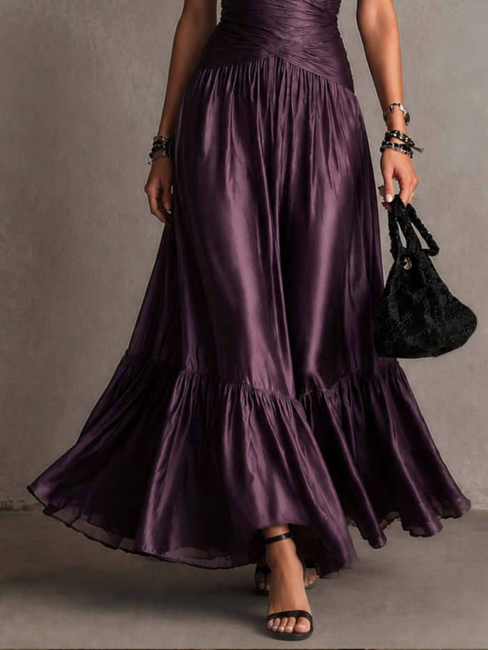Elegant Purple Satin Halter Neck Pleated Maxi Dress