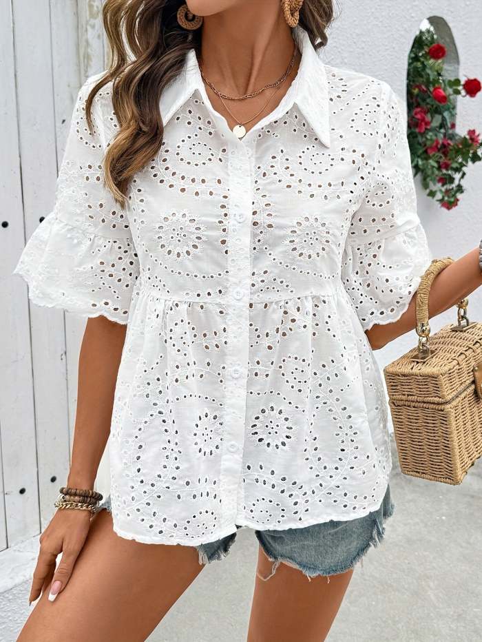 Women's White Short-Sleeve Shirt with Openwork Embroidery