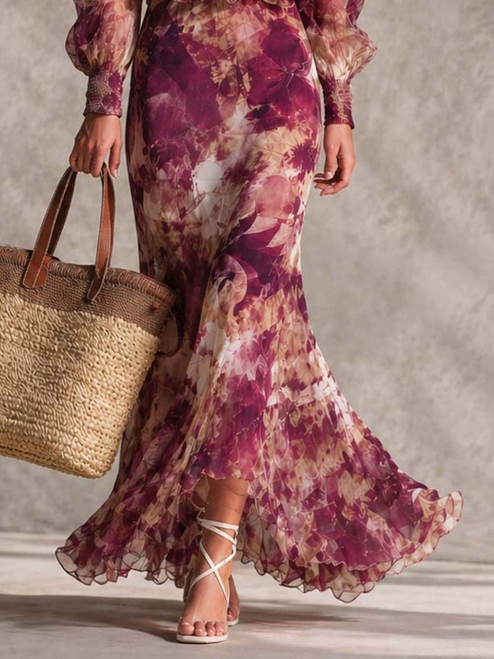Rose Pink Floral Off-Shoulder Chiffon Maxi Dress