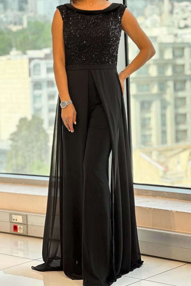 Crew-neck textured-panel tulle jumpsuit