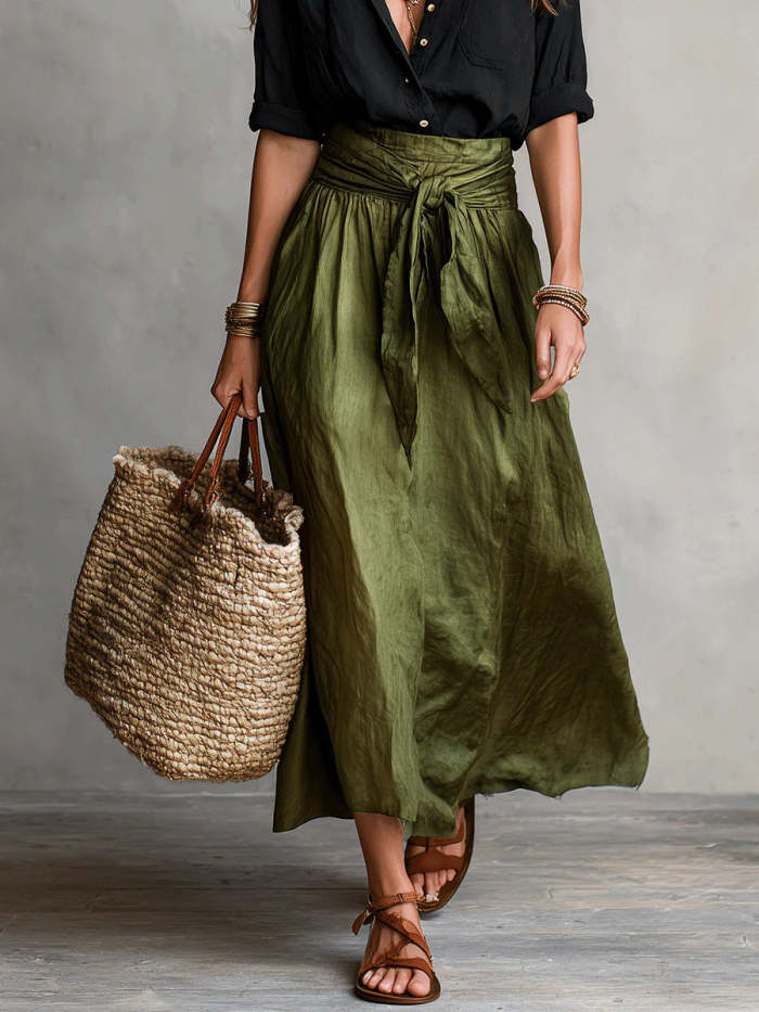 Black Shirt And Olive Green Midi Skirt Two-piece Suit