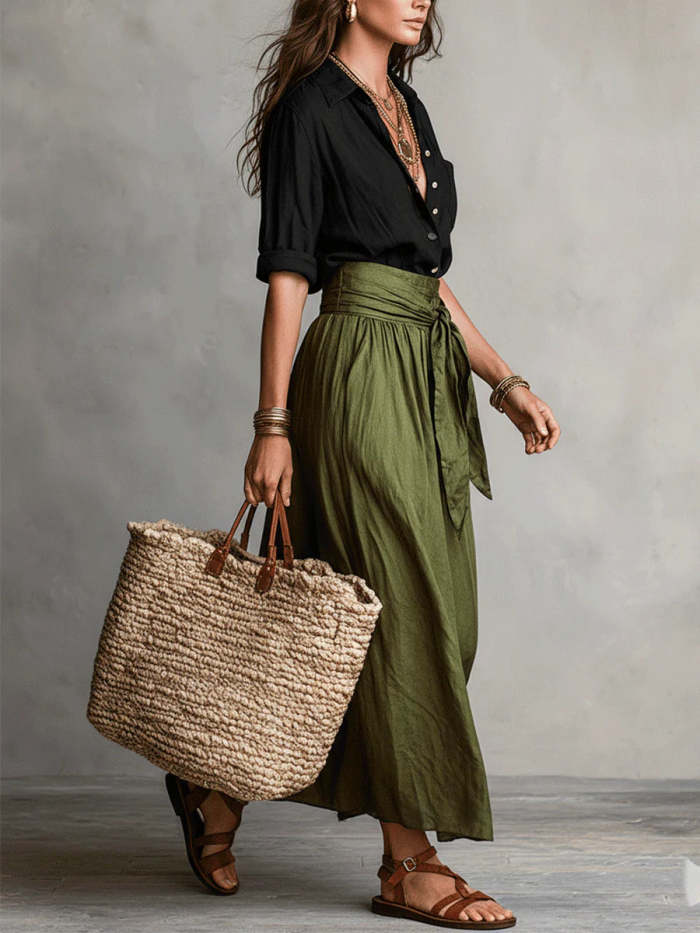 Black Shirt And Olive Green Midi Skirt Two-piece Suit