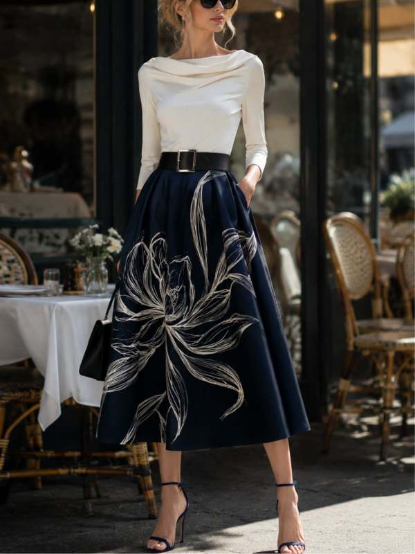 Elegant Layered Top and Printed Midi Skirt Set (Belt Included)