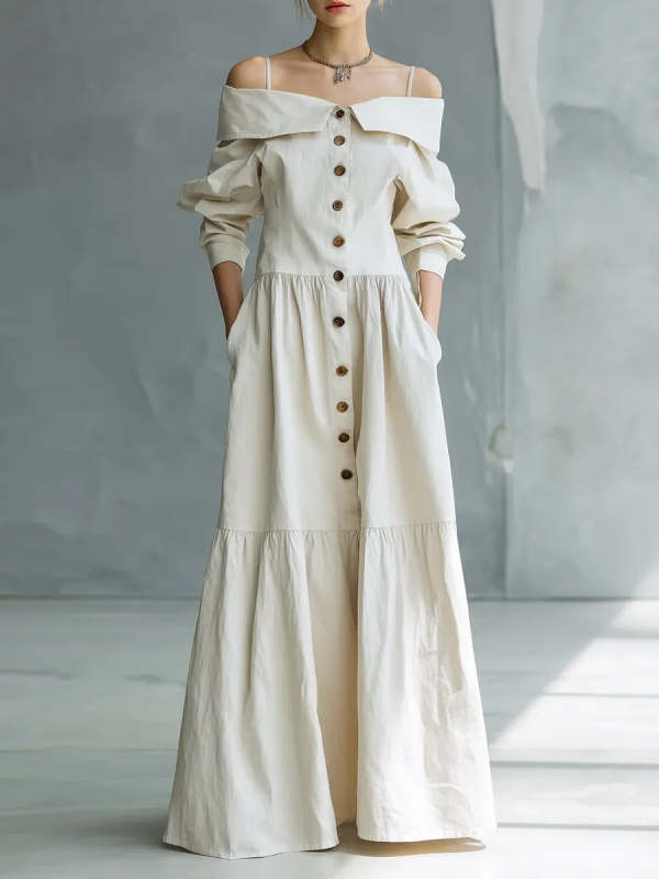Women's Retro Off-shoulder Art Stylish Button Casual Maxi Dress