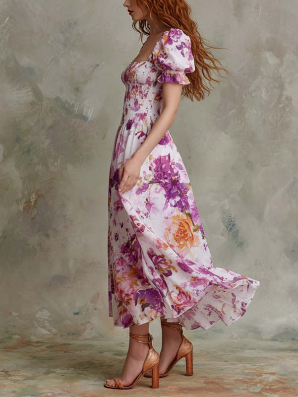 Purple Square-neck Floral Print Pleated Maxi Dress