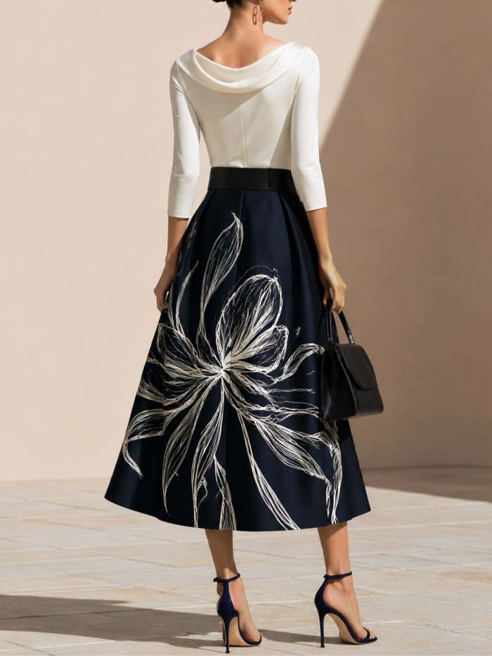 Elegant Layered Top and Printed Midi Skirt Set (Belt Included)