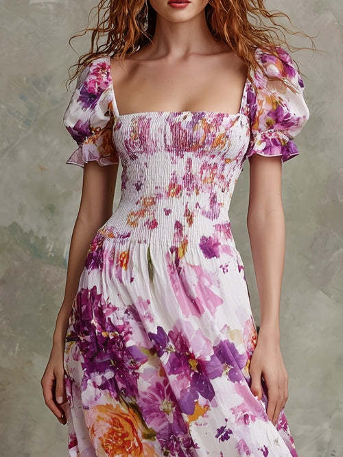 Purple Square-neck Floral Print Pleated Maxi Dress