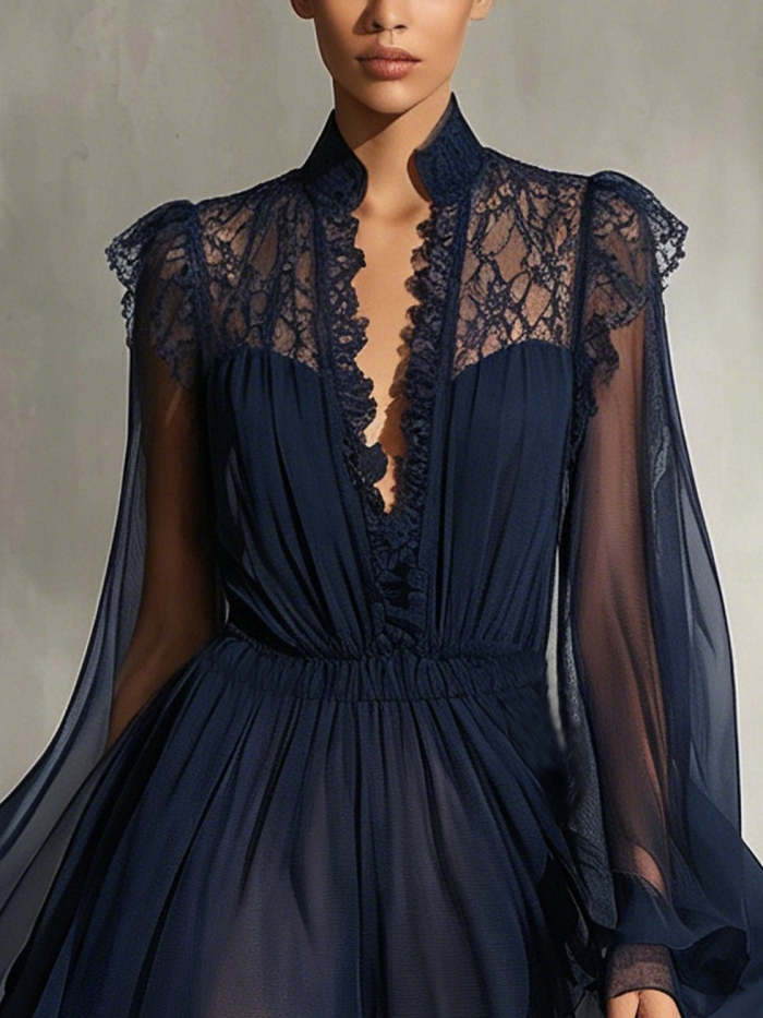 Navy Blue V-neck Lace-trimmed Sheer Chiffon Mini Dress