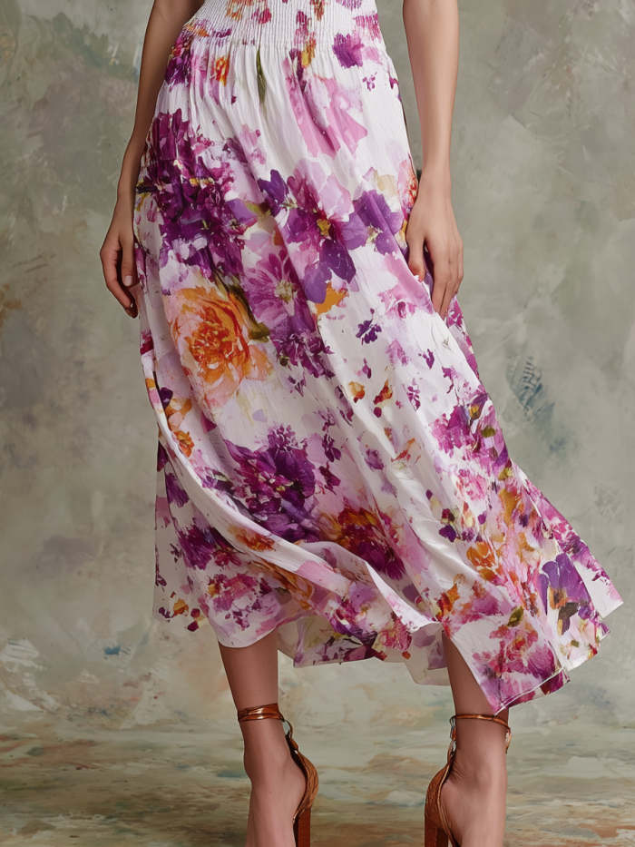 Purple Square-neck Floral Print Pleated Maxi Dress