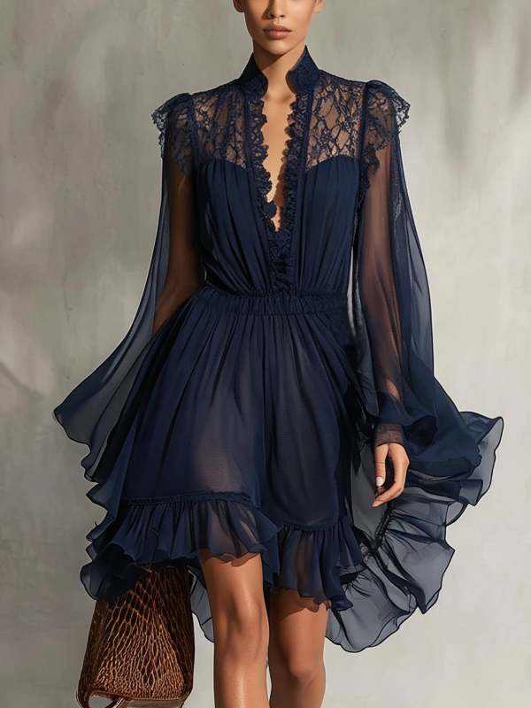 Navy Blue V-neck Lace-trimmed Sheer Chiffon Mini Dress