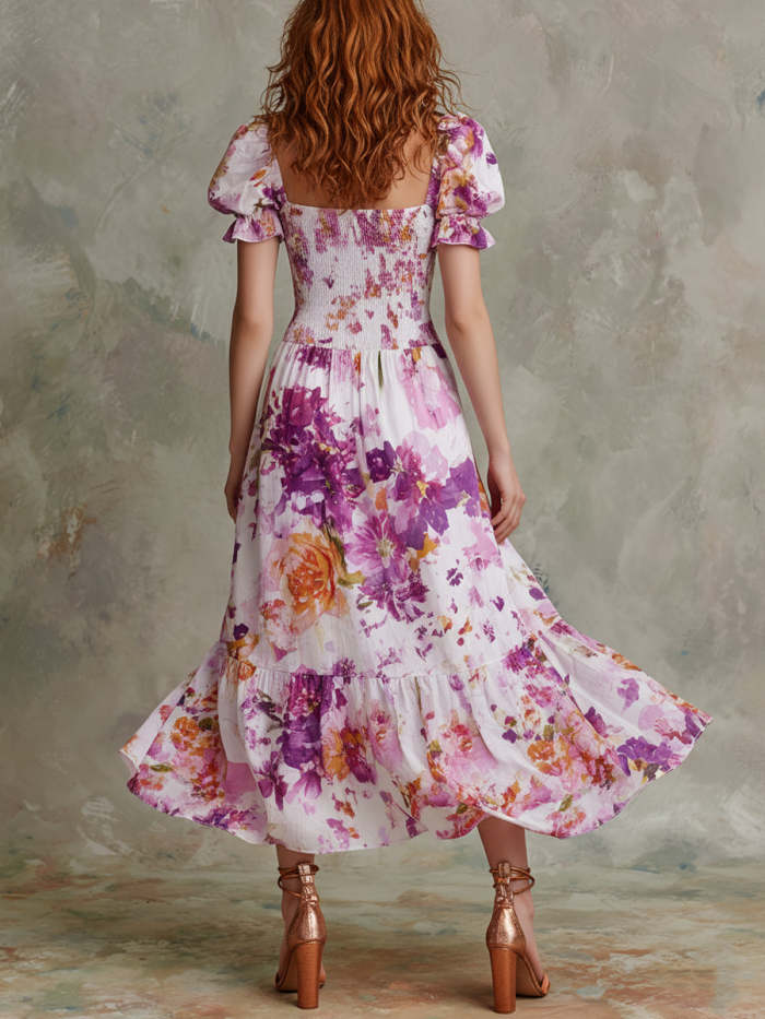 Purple Square-neck Floral Print Pleated Maxi Dress