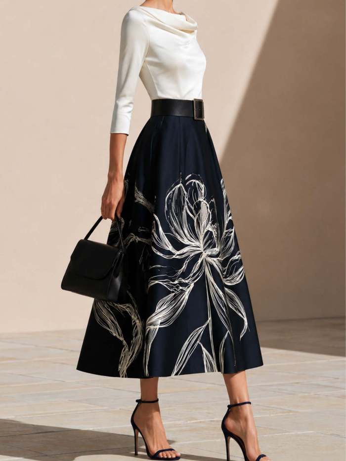 Elegant Layered Top and Printed Midi Skirt Set (Belt Included)