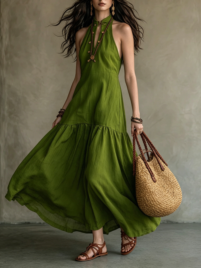 Boho Cozy Halter-neck Stand-collar Maxi Dress