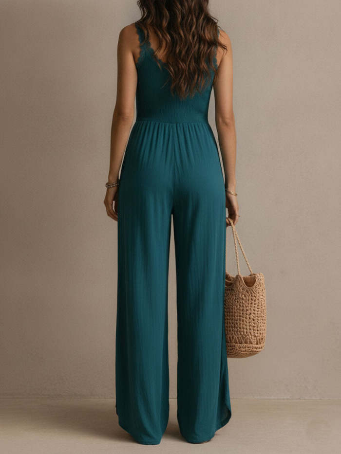 Bohemian Blue-green Lace-trimmed Slit Wide-leg Jumpsuit