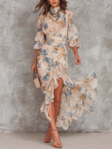 Beige Turtleneck Oil Painting Floral Print Irregular Chiffon Maxi Dress