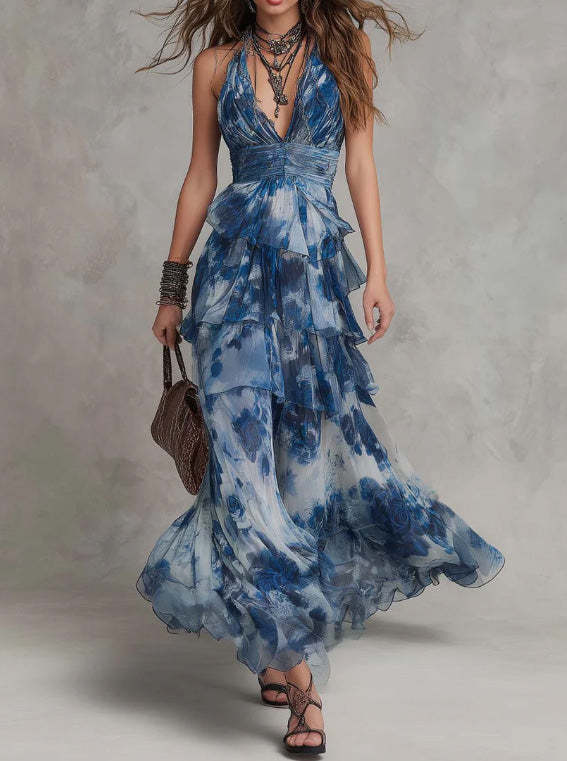 Boho Ruffled Plisse Tiered Maxi Dress