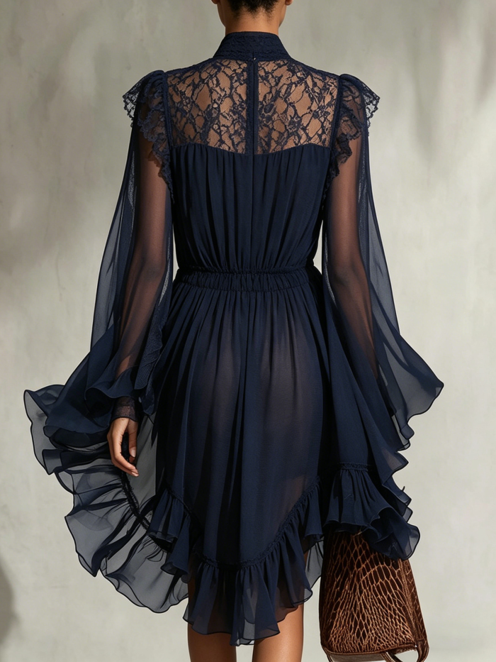 Navy Blue V-neck Lace-trimmed Sheer Chiffon Mini Dress