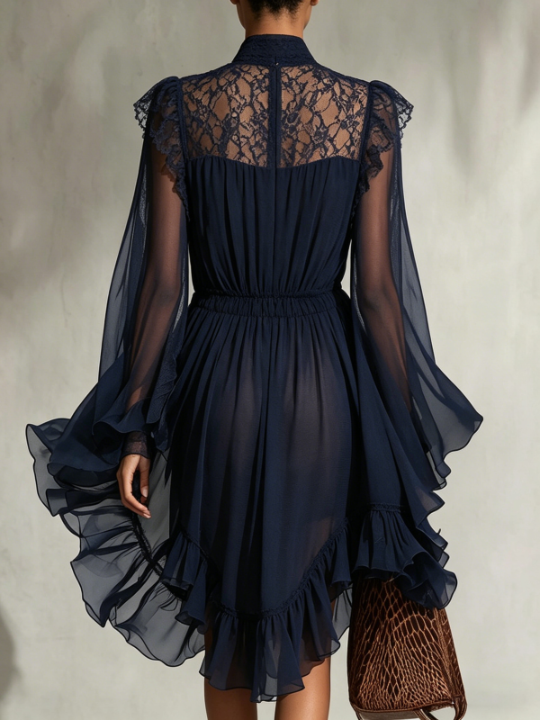 Navy Blue V-neck Lace-trimmed Sheer Chiffon Mini Dress