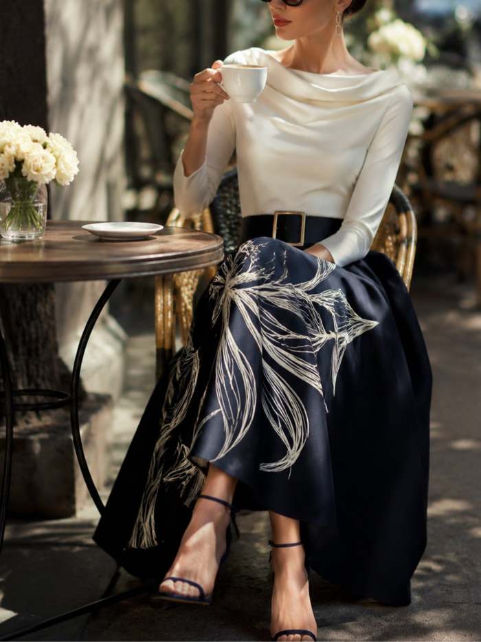 Elegant Layered Top and Printed Midi Skirt Set (Belt Included)