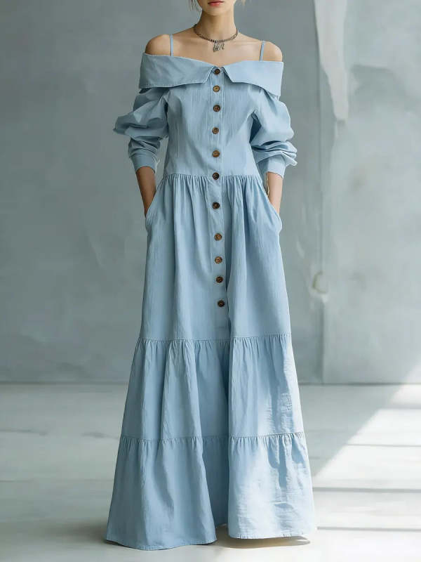 Women's Retro Off-shoulder Art Stylish Button Casual Maxi Dress