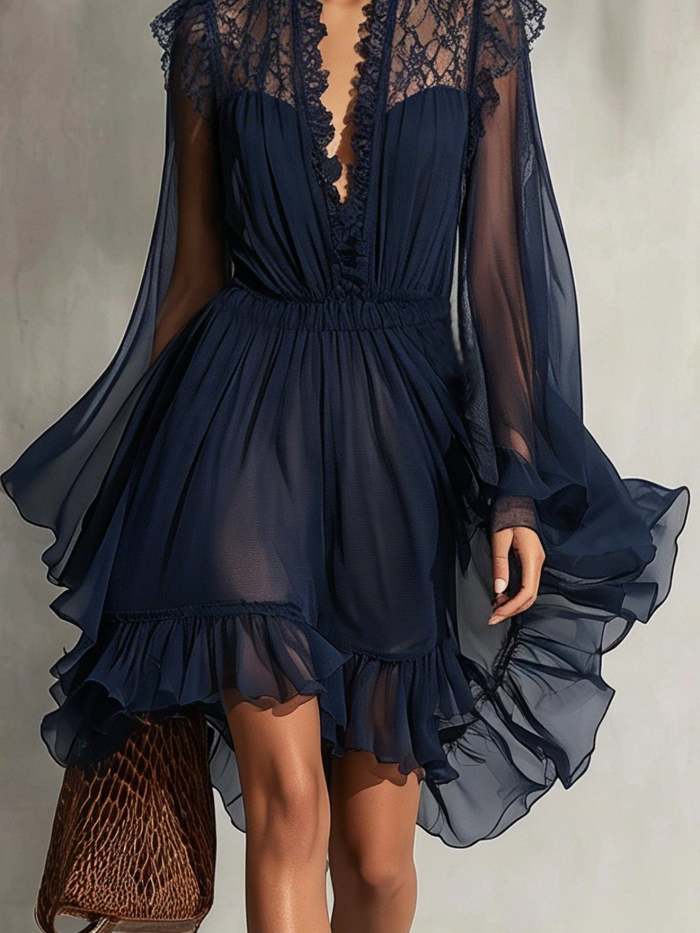 Navy Blue V-neck Lace-trimmed Sheer Chiffon Mini Dress