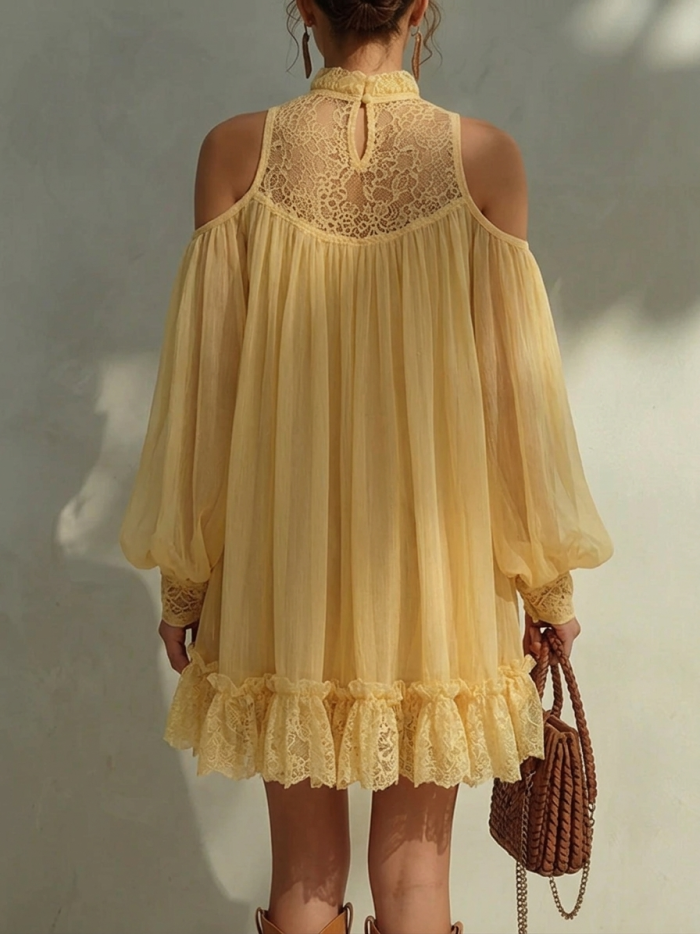 Yellow Off-shoulder Chiffon Lace Mini Dress