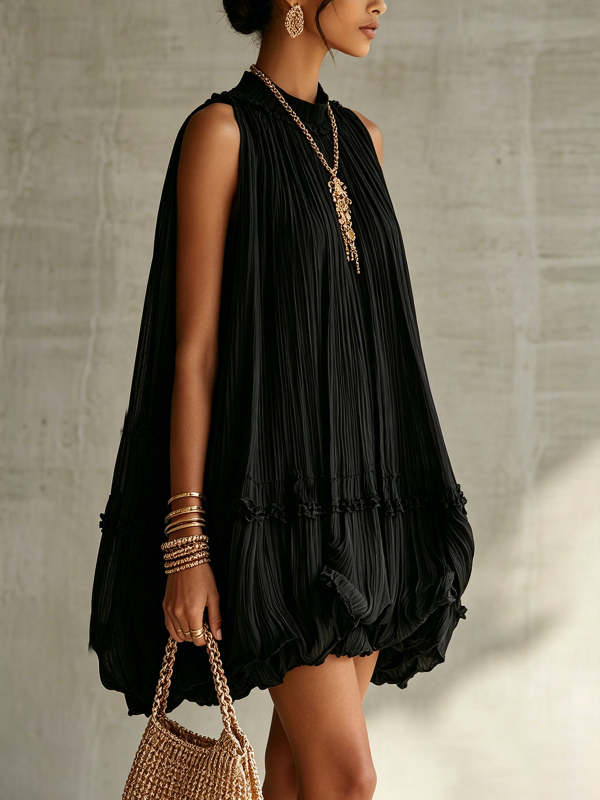 Black Halter Neck Ruffled Chiffon Bubble Mini Dress