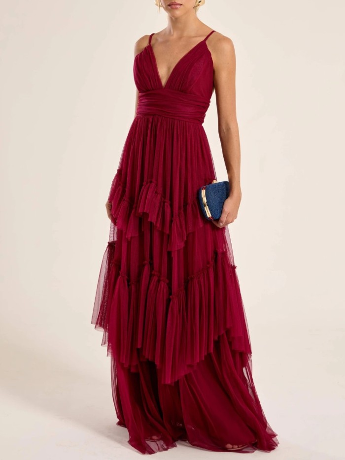 Elegant Deep V-Neck Tiered Tulle Maxi Dress