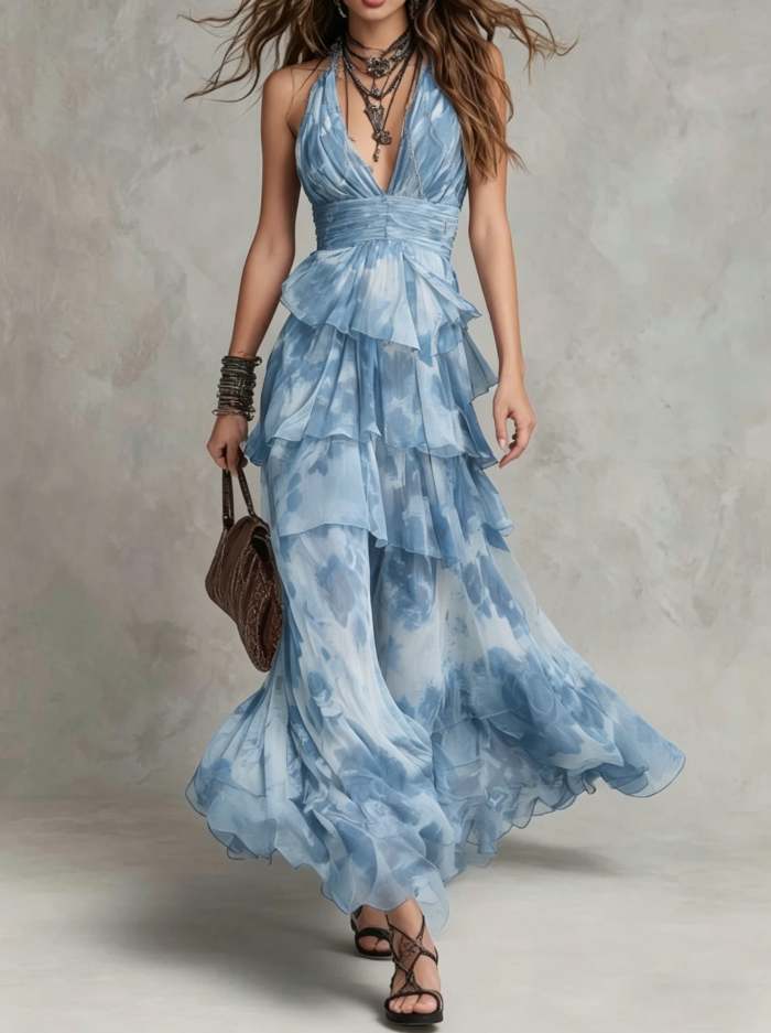 Boho Ruffled Plisse Tiered Maxi Dress