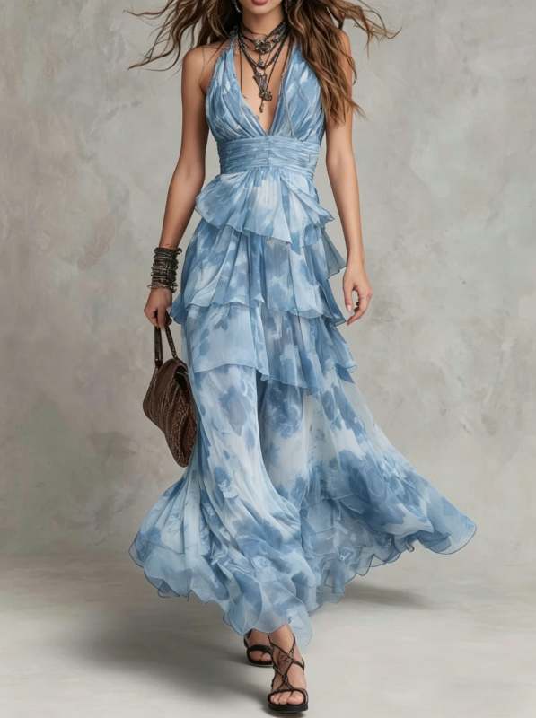 Boho Ruffled Plisse Tiered Maxi Dress