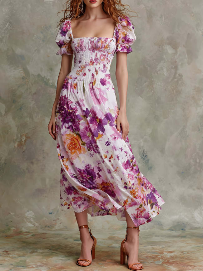 Purple Square-neck Floral Print Pleated Maxi Dress