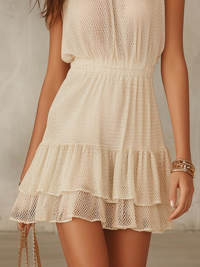 Apricot Halter Neck High Neck Mesh Ruffle Mini Dress